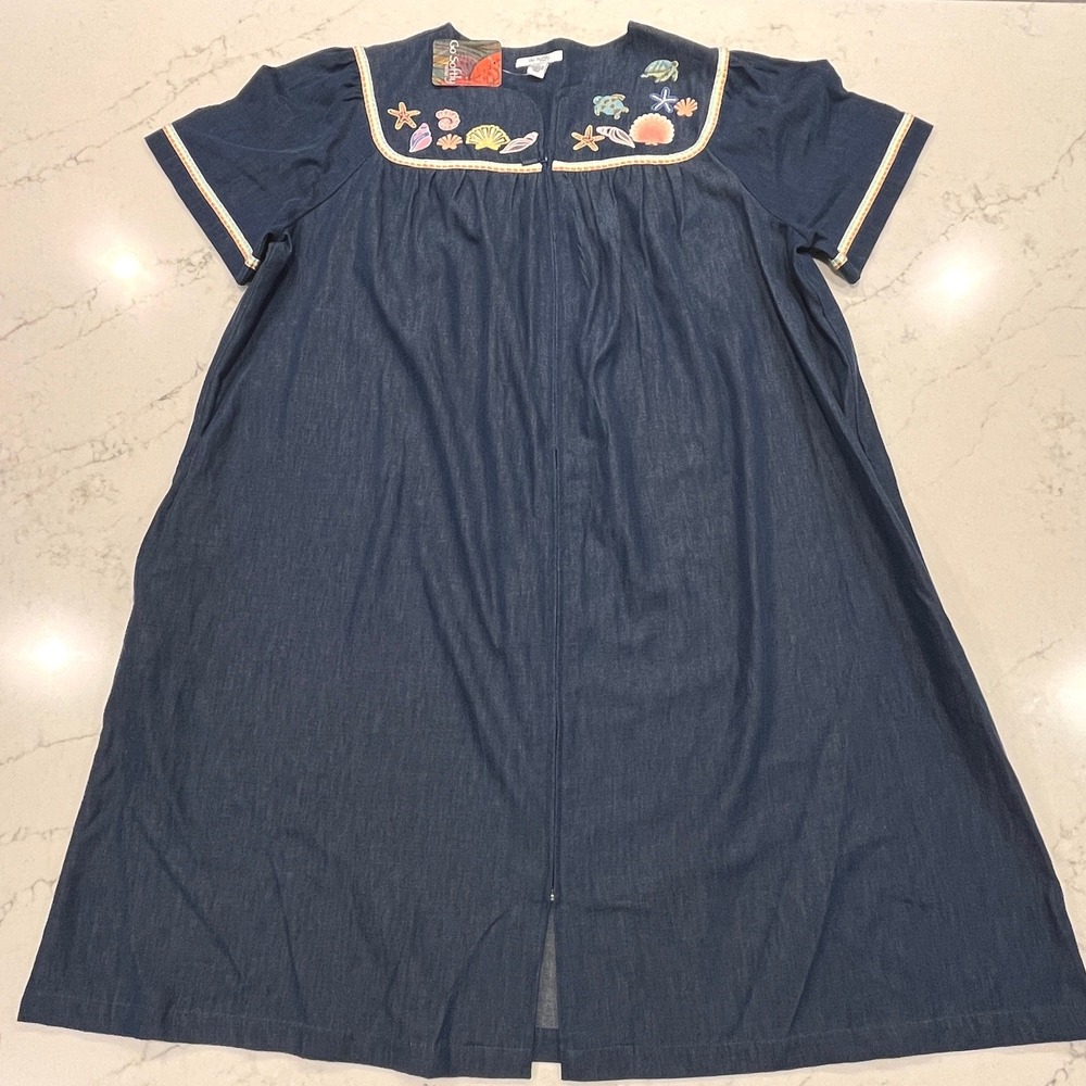 Go Softly NEW Cotton Chambray Patio House Dress XL Muumuu Embroidered Seashells